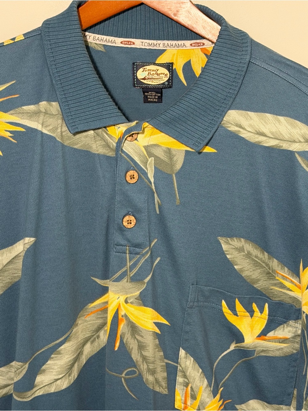 Tommy Bahama Teal Polo with Yellow Tropical Bird-of-Paradise Print